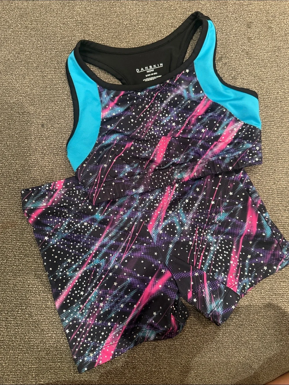 Danskin Black Sports Bra & Shorts Set with Pink & Teal Accents